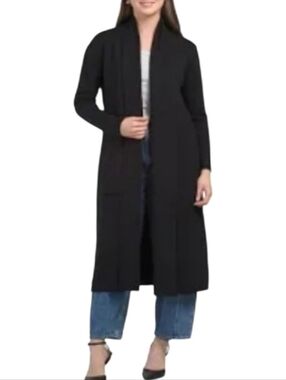 Max Sport Long Black Open Front Duster Cardigan With Pockets Size Small